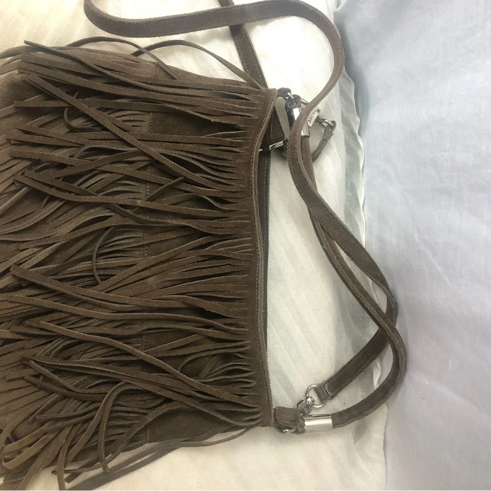 Prune Brown Suede Fringe Hobo Bag